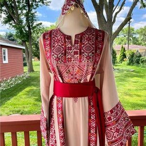 Elegant Red and Cream Embroidered Dress ثوب فلسطيني